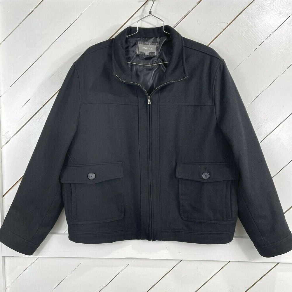 Merona Mens Sz XXL Black Wool Blend Bomber Style Coat Zip Front Great Look XXL